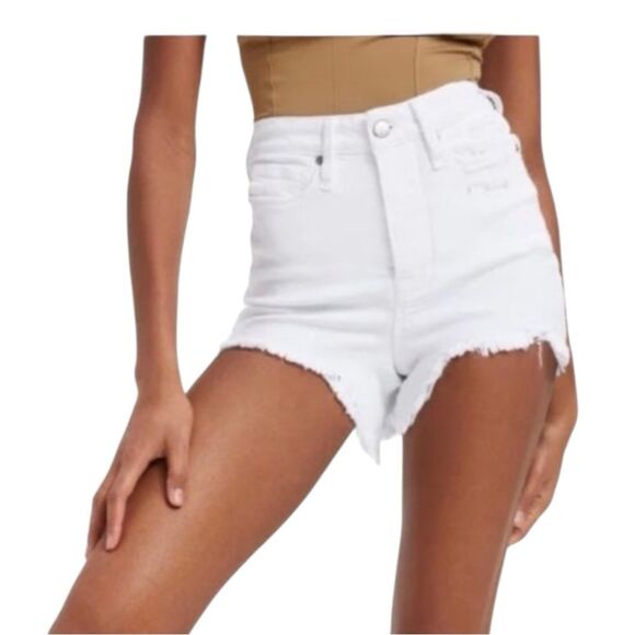 Good American Women's White Bombshell Denim Short Frayed Asymmetric Hem sz 10 - Picture 1 of 6